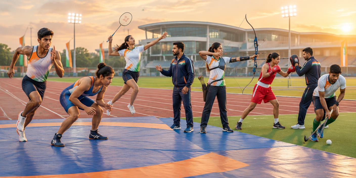 Indian athletes training at a sports complex with coach support under government sports schemes